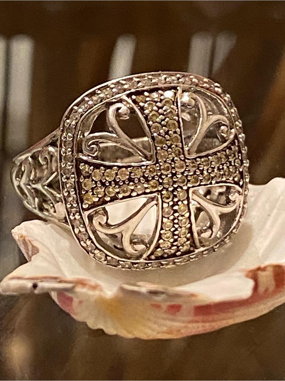 Bali Silver Ring with Champagne-Tone Pavé Cross